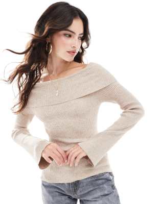 Only Off-shoulder Knit Sweater In Beige-neutral
