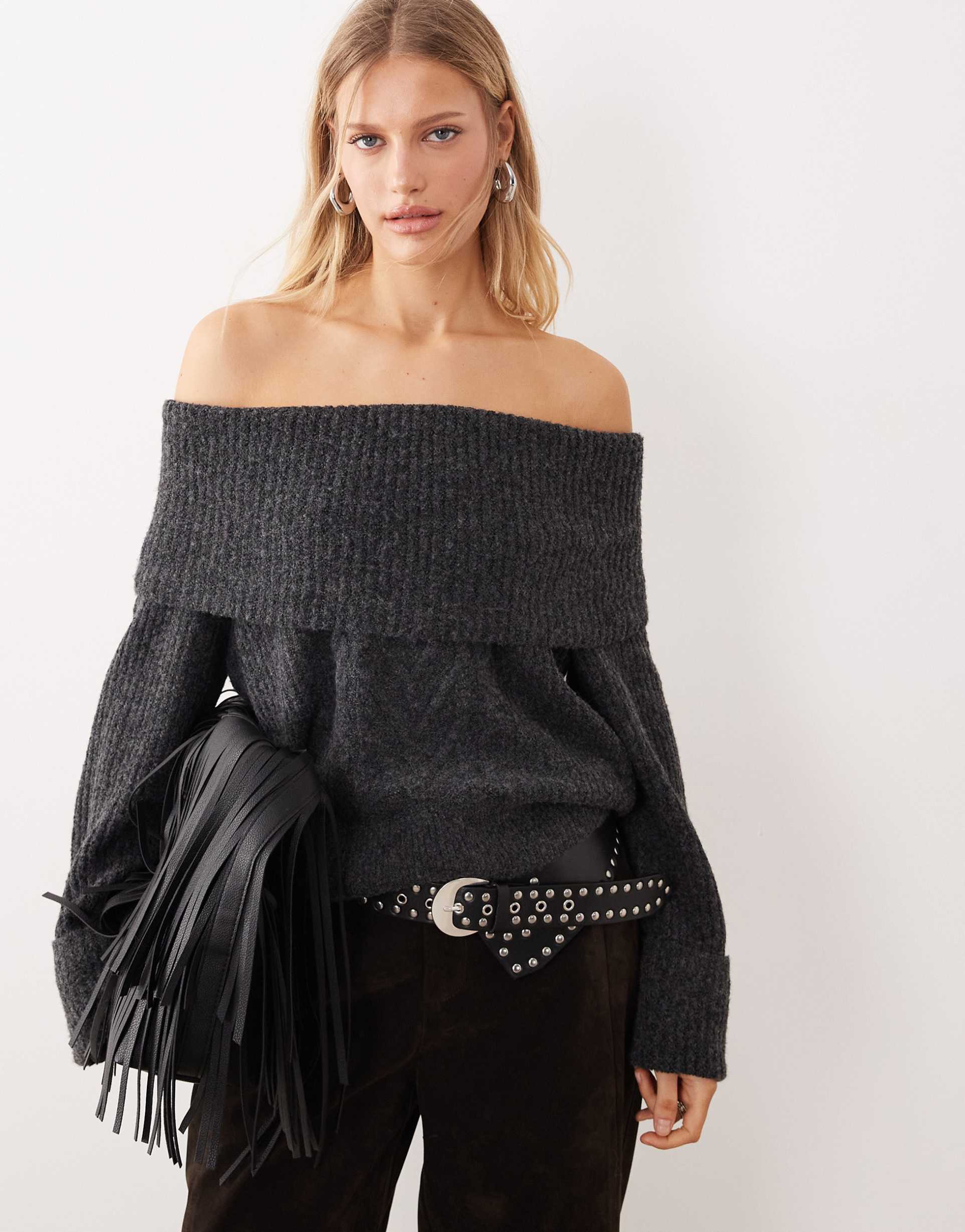 only off shoulder knit sweater in dark gray