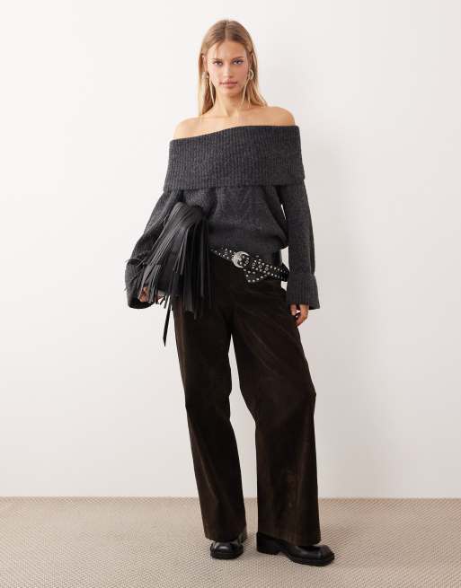 ONLY off shoulder knit sweater in dark gray | ASOS