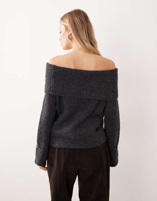 ONLY off shoulder knit sweater in dark gray | ASOS