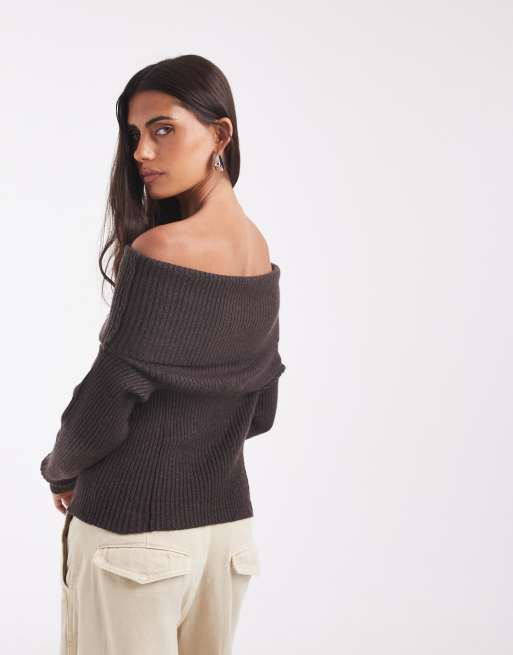 ONLY off shoulder knitted jumper in chocolate brown, 4 of 4