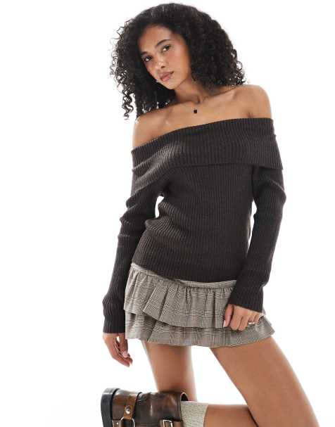 ONLY off shoulder knitted jumper in dark brown - view 1