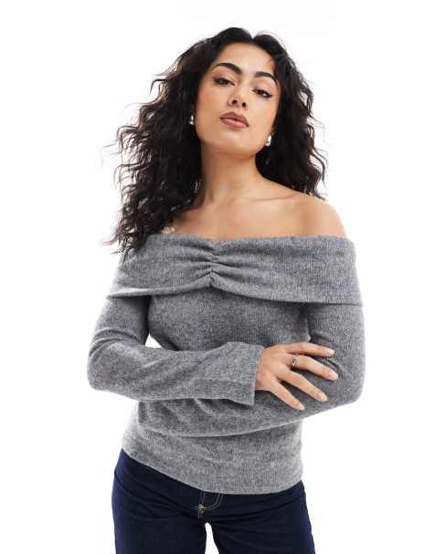 ONLY off shoulder knitted jumper in grey - view 1