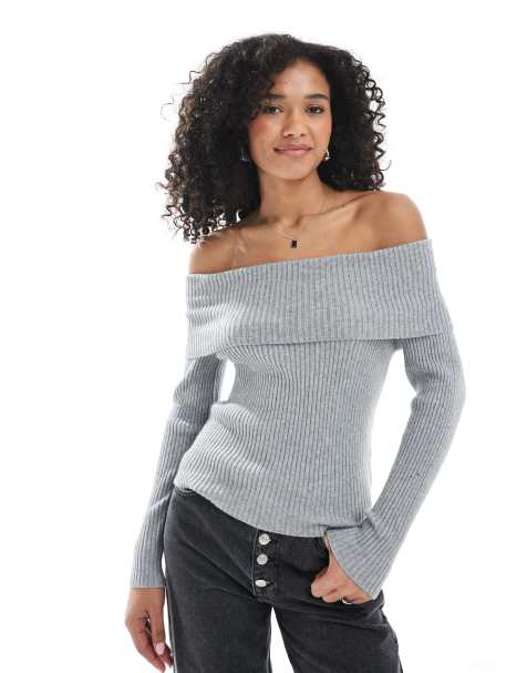 ONLY off shoulder knitted jumper in grey - view 1