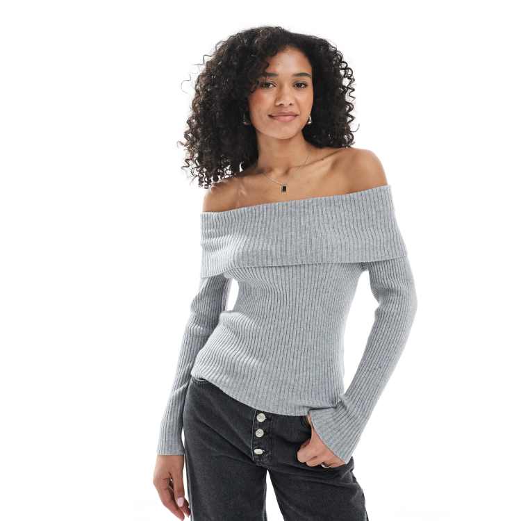 ONLY off shoulder knitted jumper in grey | ASOS