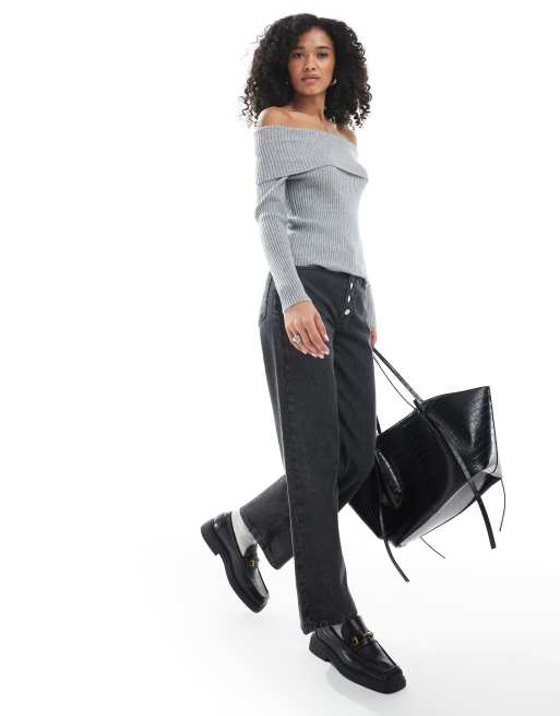 ONLY off shoulder knitted jumper in grey, 2 of 4