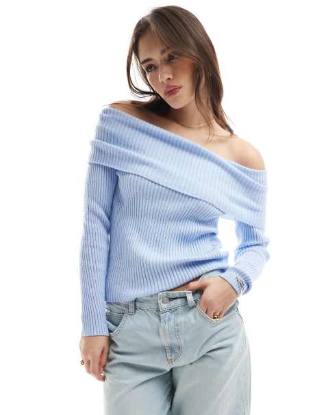 ONLY off shoulder knitted jumper in light blue - view 1