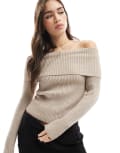 [ONLY] ONLY off shoulder knitted jumper in light brown 6 BROWN