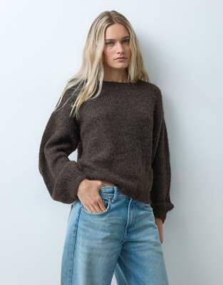 Only Off Shoulder Loose Knitted Sweater In Brown