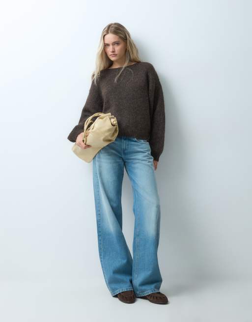 ONLY off shoulder loose knitted sweater in brown, 2 of 4