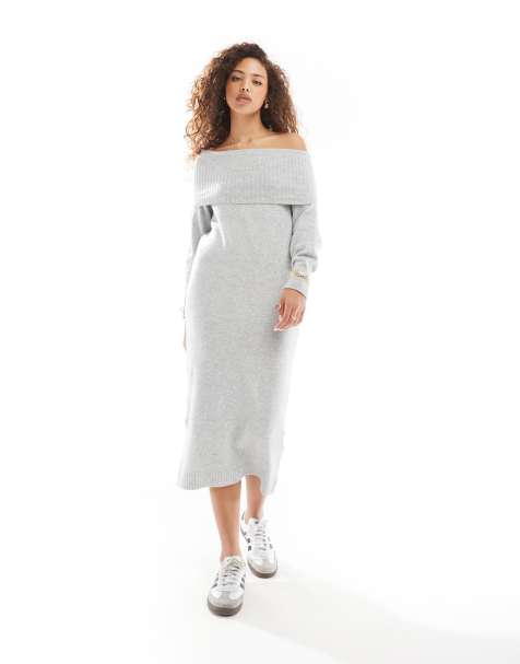 ONLY off shoulder midi dress in light grey melange  - view 1