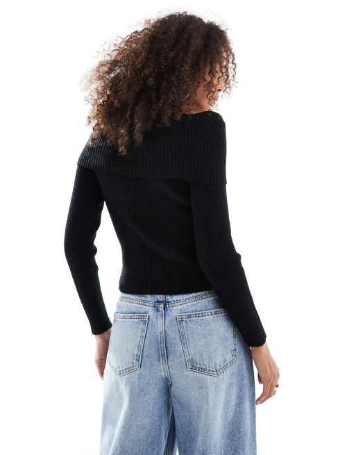 【le.ema】 off-shoulder 2way knit Black Off-Shoulder Buckle Knit Sweater CD322 - Korean Women's