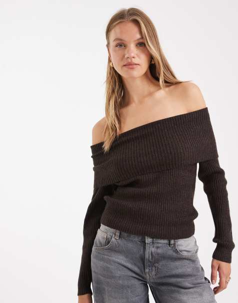 ONLY off the shoulder knit sweater in chocolate brown - view 1