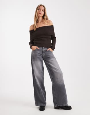 Only Off The Shoulder Knit Sweater In Brown