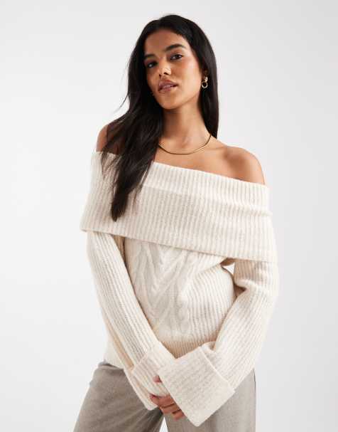 ONLY off the shoulder knit sweater in cream - view 1