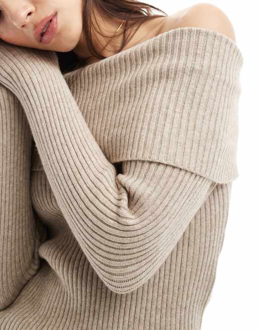 ONLY off the shoulder knit sweater in light brown, 3 of 4