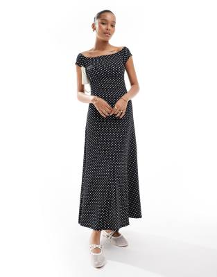 off the shoulder polka dot maxi dress in black