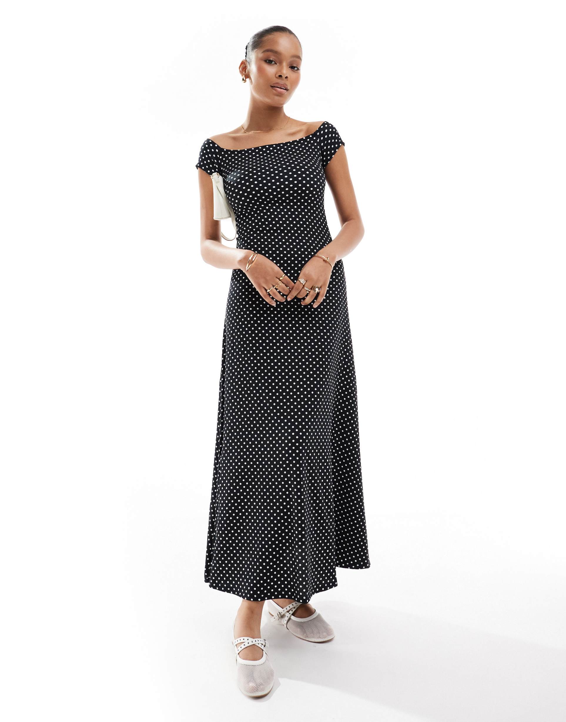 only off the shoulder polka dot maxi dress in black