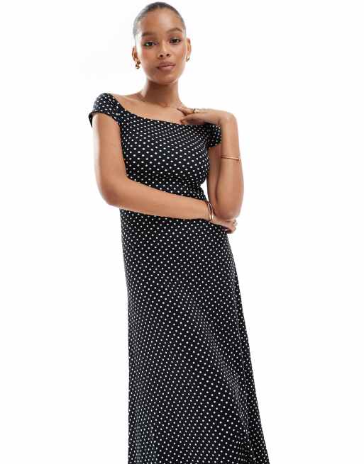 Only Off The Shoulder Polka Dot Maxi Dress in Black