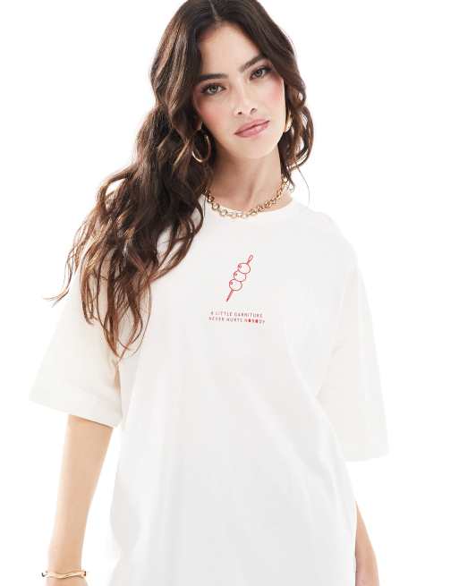 ONLY olive graphic oversized T-shirt in white 