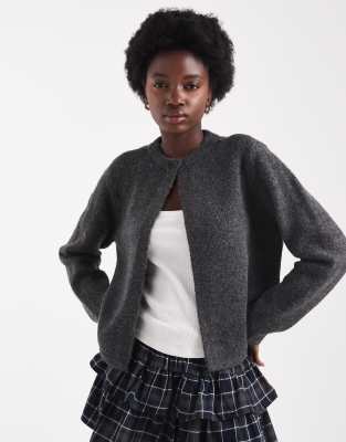 Only One Button Crew Neck Cardigan In Gray