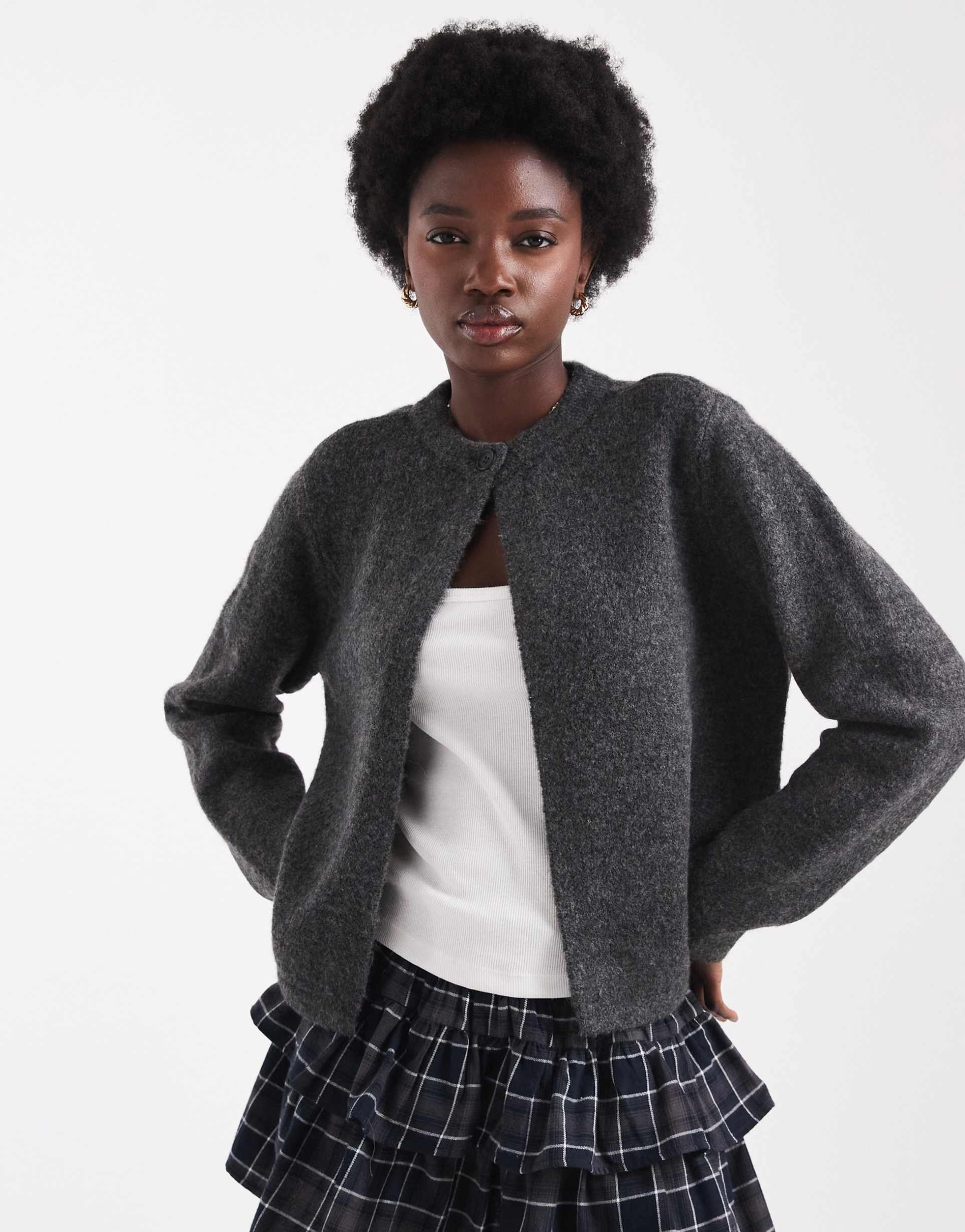 only one button crew neck cardigan in dark gray