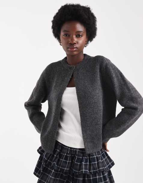 ONLY one button crew neck cardigan in dark grey - view 1