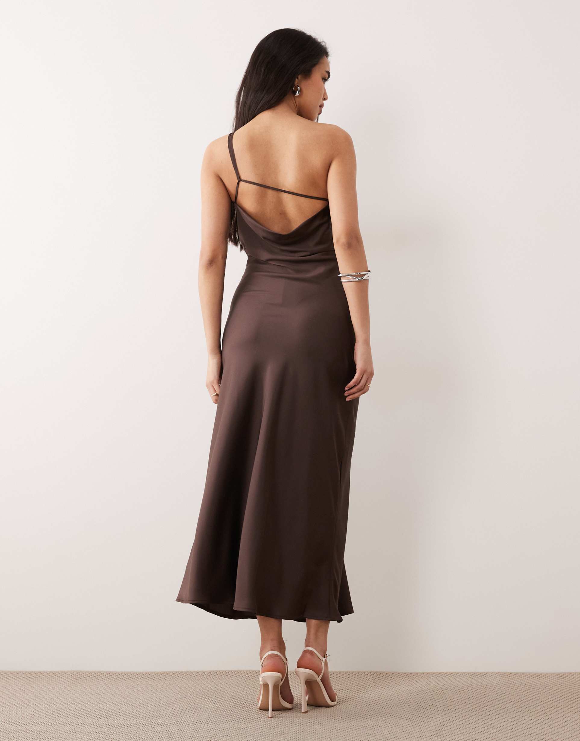 only one shoulder maxi dress in chocolate brown