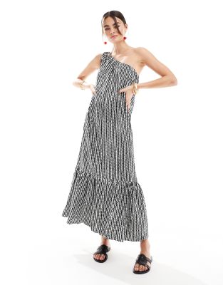 one shoulder tiered hem maxi dress in black & white wave stripe