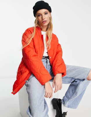 Only onion quilted longline bomber jacket in bright red