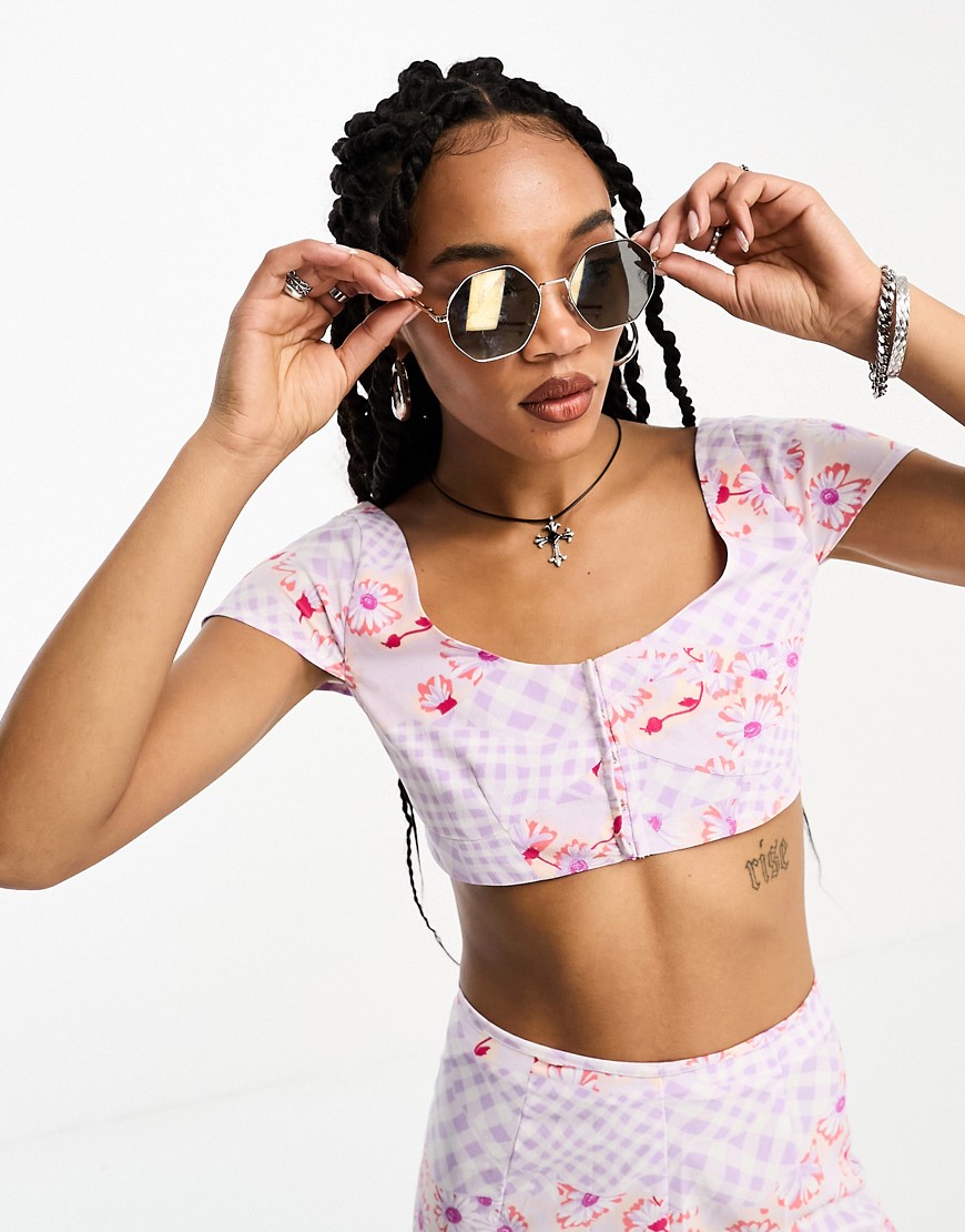 Only open back crop top co-ord in lilac mixed gingham-Purple