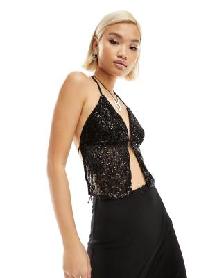 Only open back halter neck top in black sequin