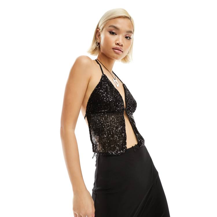 Only open back halter neck top in black sequin