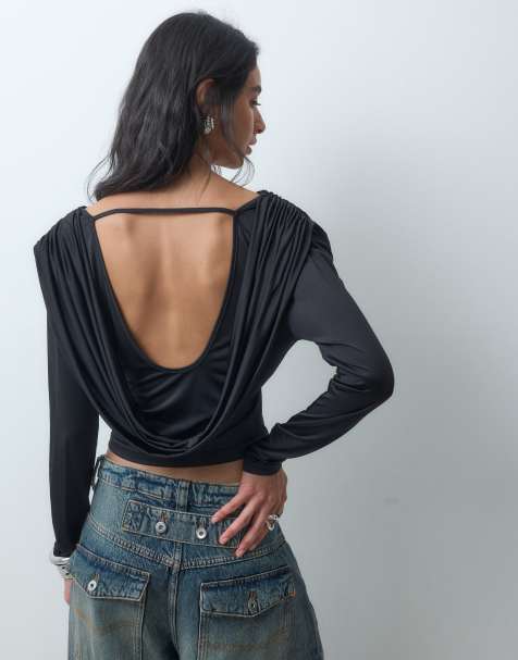 ONLY open back long sleeve cinched top with drape detail in black