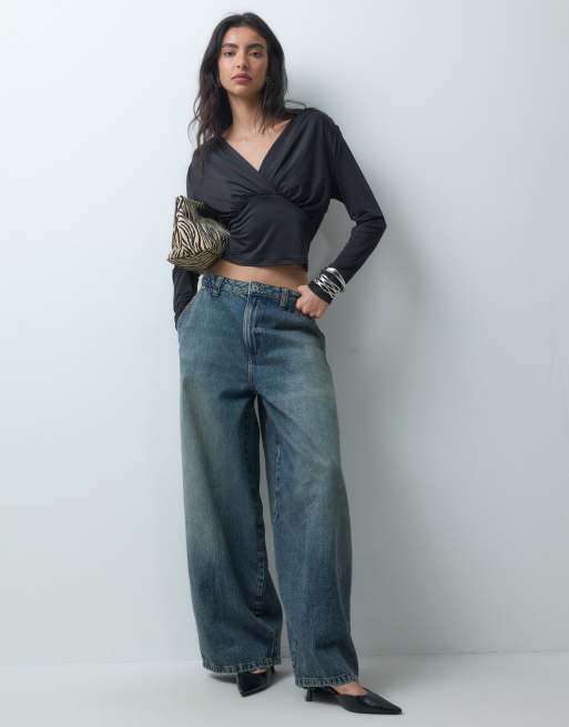 ONLY open back long sleeve cinched top with drape detail in black, 2 of 4