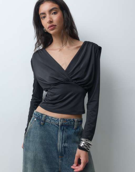 ONLY open back long sleeve cinched top with drape detail in black, 4 of 4