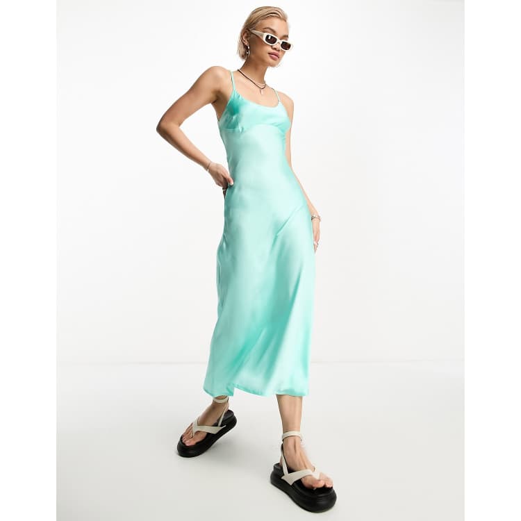 Only open back satin slip midi dress in turquoise