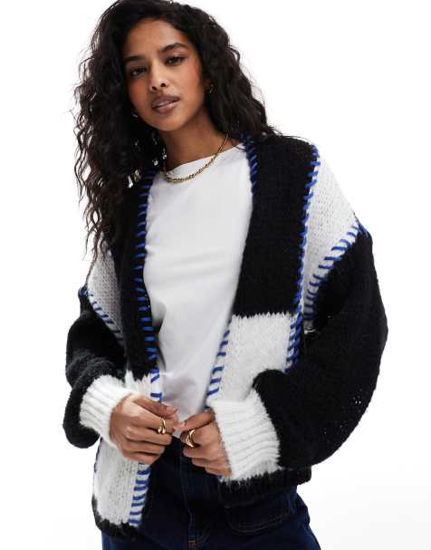 ONLY open knit cardigan in black and white with contrast stitch - view 1