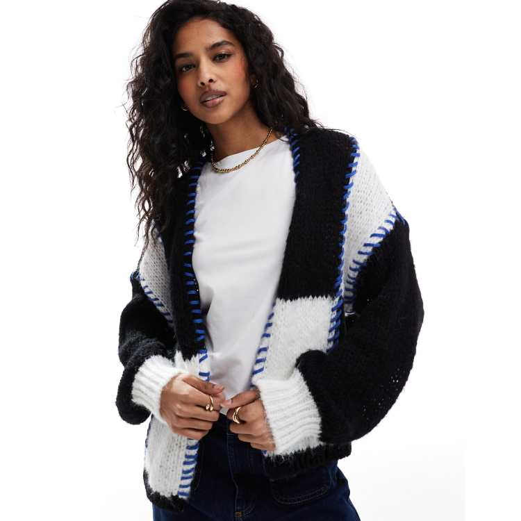 ONLY open knit cardigan in black and white with contrast stitch | ASOS