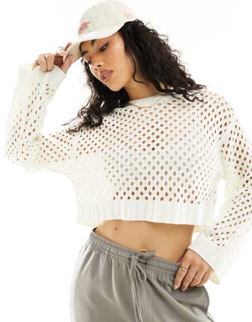 Monki long sleeve crochet top in white