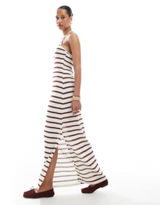 open knit halterneck maxi dress in burgundy stripes-White