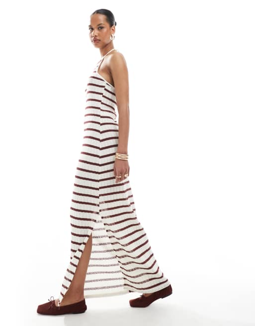 ONLY open knit halterneck maxi dress with contrast trim in red & beige stripe