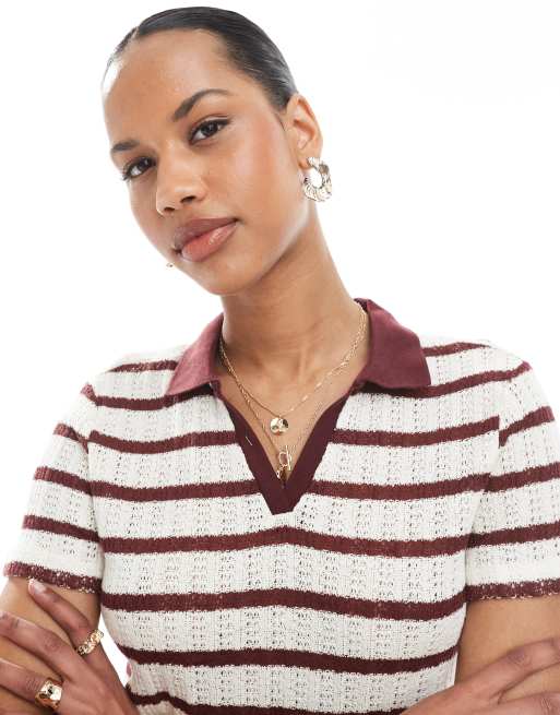 ONLY open knit polo in beige and burgundy stripes, 2 of 4