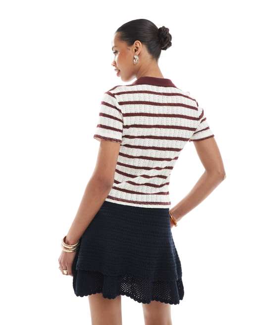 ONLY open knit polo in beige and burgundy stripes, 3 of 4