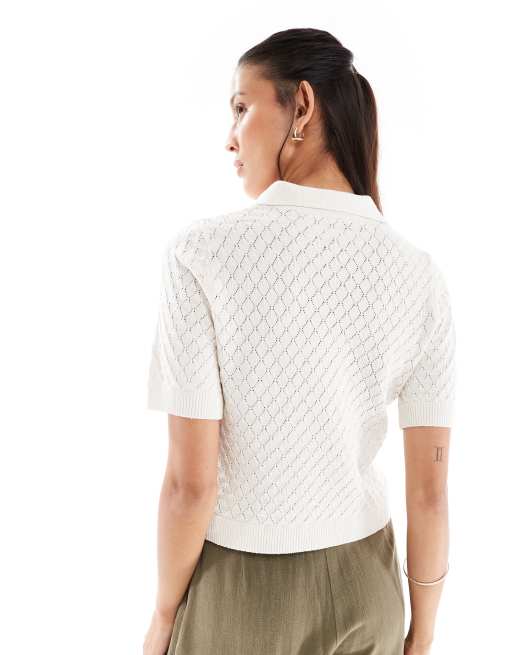 ONLY open knit polo shirt in beige, 2 of 4
