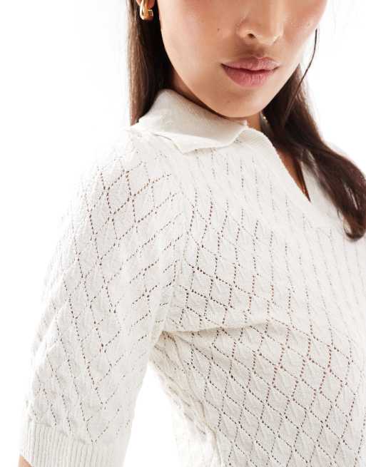 ONLY open knit polo shirt in beige, 3 of 4