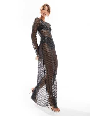 open knit sequin maxi dress in black