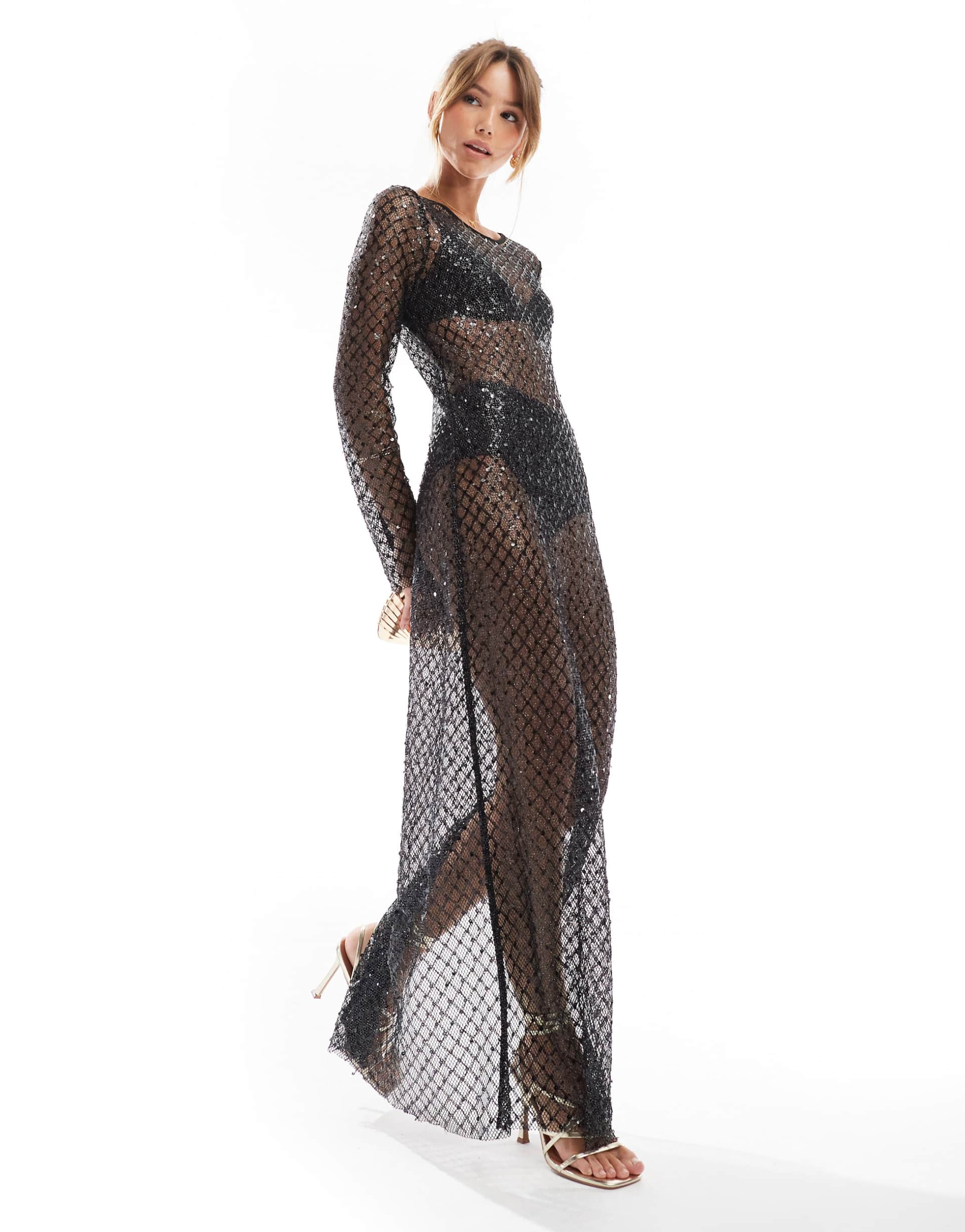only open knit sequin maxi dress in black