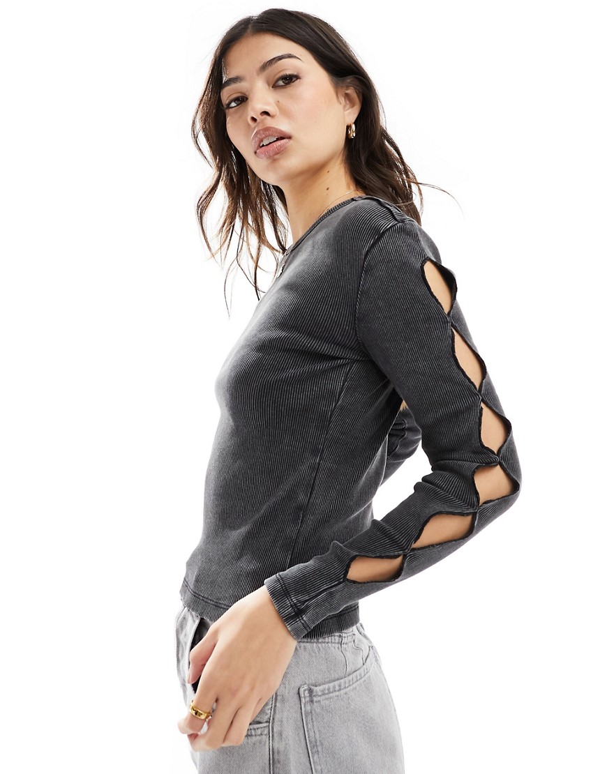 Only Open Long Sleeve Top In Washed Gray