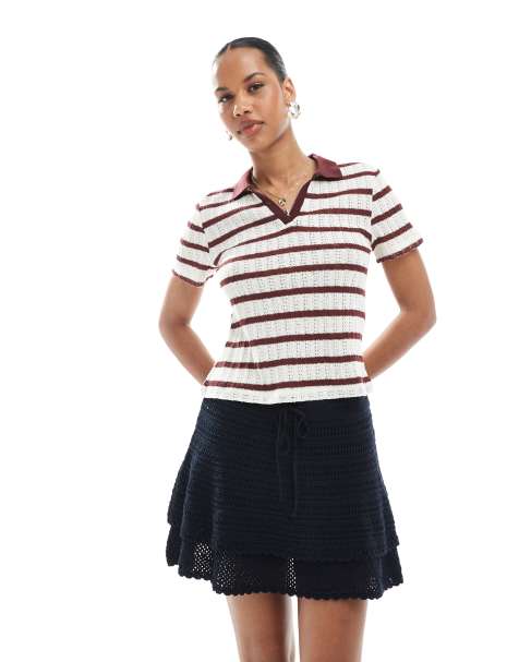 ONLY - Opengebreide polo in beige en bordeauxrode strepen - view 1